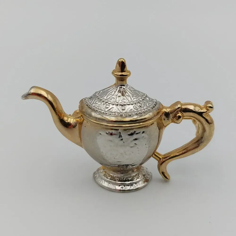 Vintage Teapot Brooch Mixed Metal Gold Silver Tone Etched Tea Pot Pin